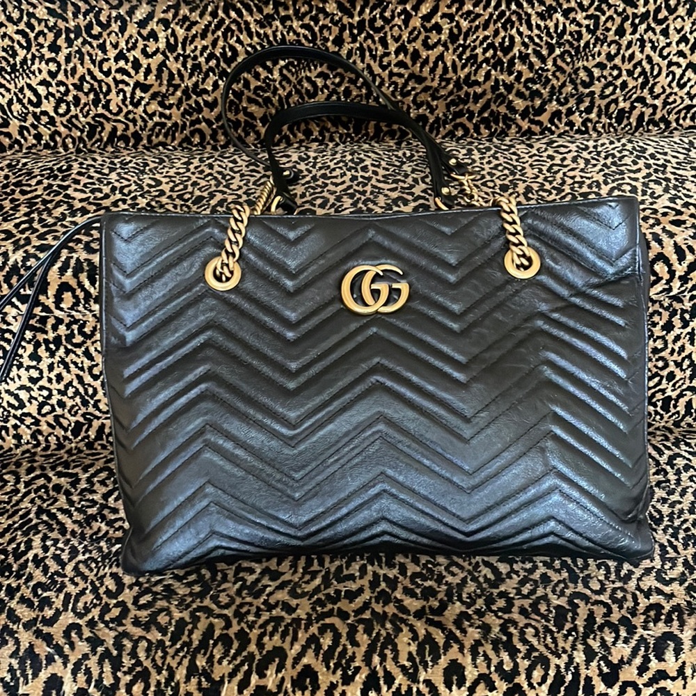 GUCCI MARMONT MATELASSE MEDIUM TOTE BLACK LEATHER